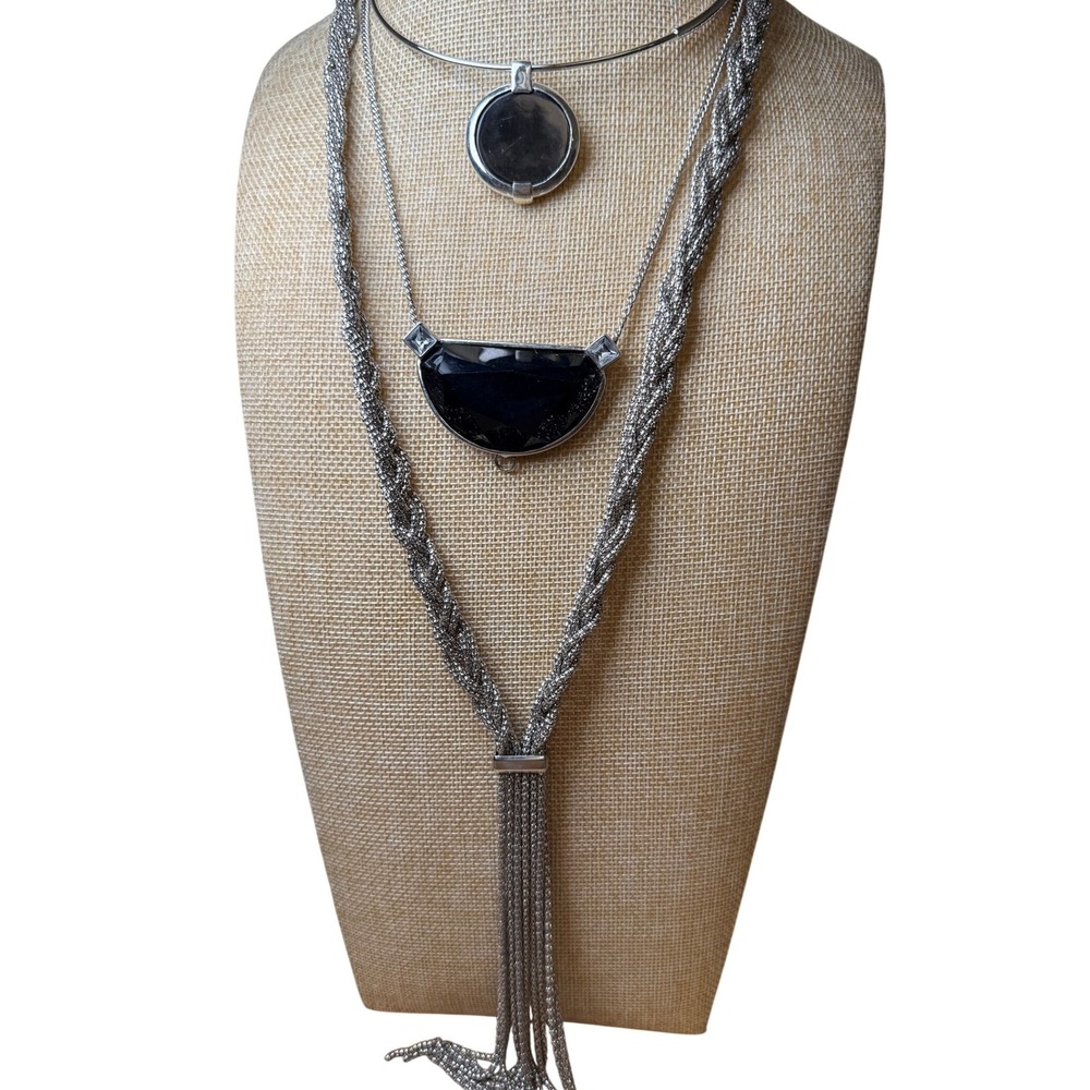 Silver Tone Black Layered Necklace Trio Modernist Tassel Set of 3